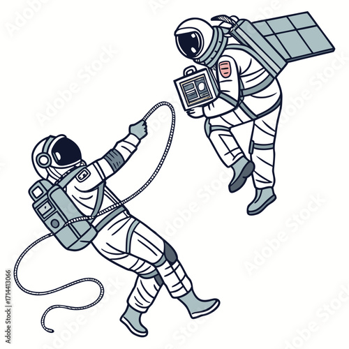 Two cartoon astronauts in space suits floating and connected by a tether with one astronaut holding a device and the other holding a rope
