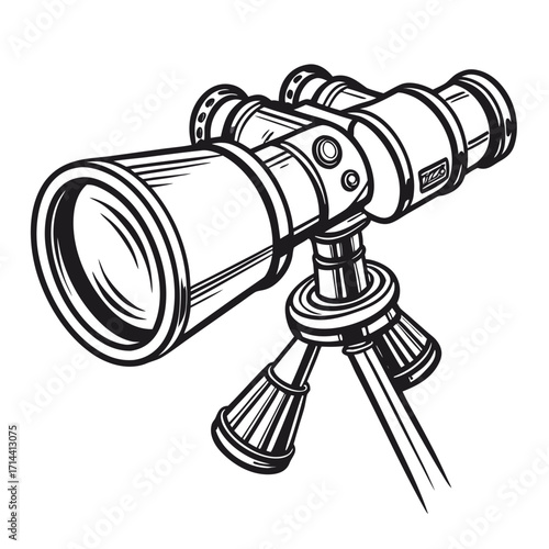 Vintage style black and white illustration of a classic telescope mounted on a sturdy tripod perfect for exploration and discovery themes