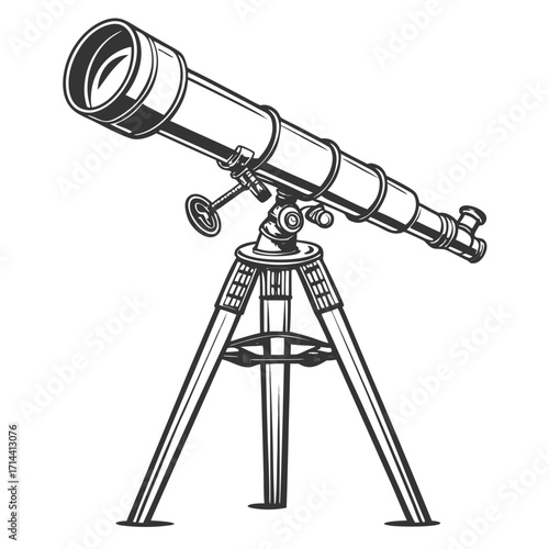 Vintage astronomical telescope mounted on a sturdy tripod depicted in a classic black and white line art illustration style for scientific exploration and discovery