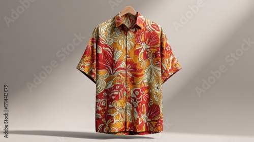 Thin fabric Hawaiian shirt mockup in bright red and yellow patterns displayed on neutral stand with soft shadows