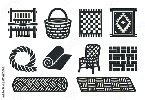 Textile linear icon set. featuring loom, basket, carpet, rope, chair, and weaving symbols