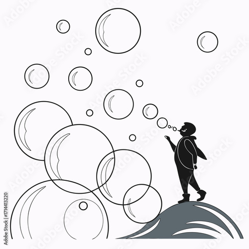 A whimsical black and white illustration depicts a child blowing bubbles on a hill, surrounded by floating orbs, creating a sense of playful innocence and carefree joy