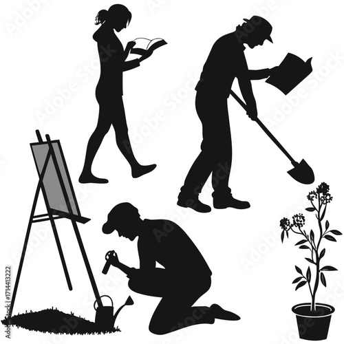 Diverse silhouettes of people engaged in hobbies and activities like painting gardening and reading showcasing leisure and creative pursuits