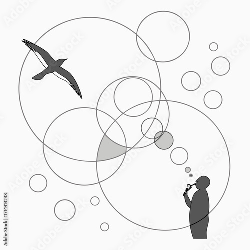 A serene black and white illustration depicts a person blowing bubbles as a bird soars above, surrounded by floating circles, evoking a sense of freedom and tranquility