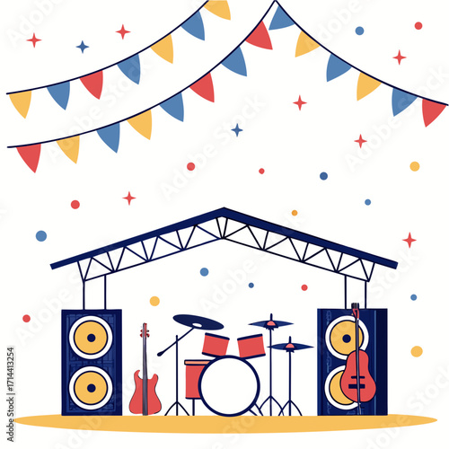 Outdoor concert stage setup with musical instruments and festive decorations ready for a live performance event