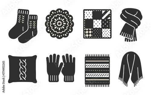 Winter accessories silhouette icon set. featuring socks, doily, quilt, scarf, pillow, gloves, blanket, shawl