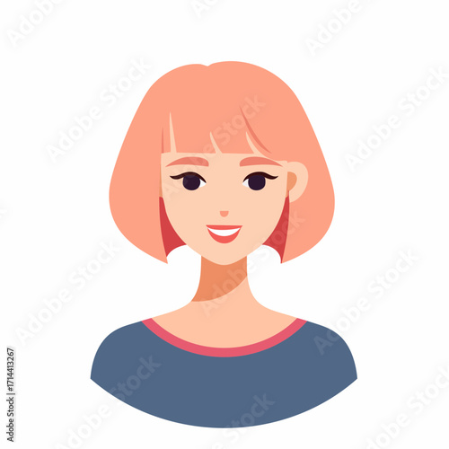 Charming cartoon portrait of a smiling young woman with a stylish pink bob haircut, a happy and friendly female avatar illustration