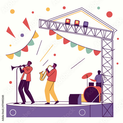 A vibrant jazz band performs on an outdoor stage adorned with festive bunting and colorful confetti during a lively outdoor music festival celebration