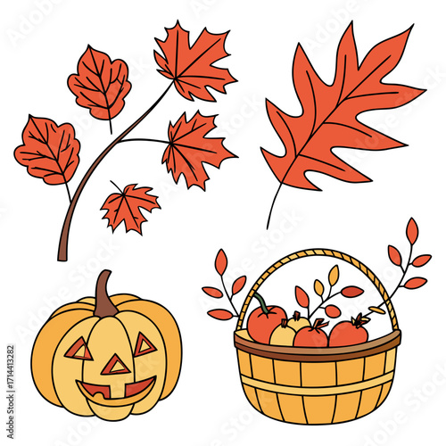 A cheerful collection of autumn elements including a carved jack o lantern pumpkin a woven basket filled with apples and fall leaves and scattered red maple and oak leaves on a white background