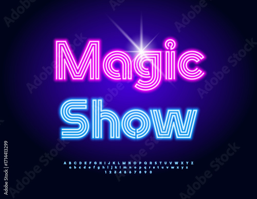 Vector Neon invitation Magic Show. Electric Blue Font. Led Illumination Alphabet Letters and Numbers set