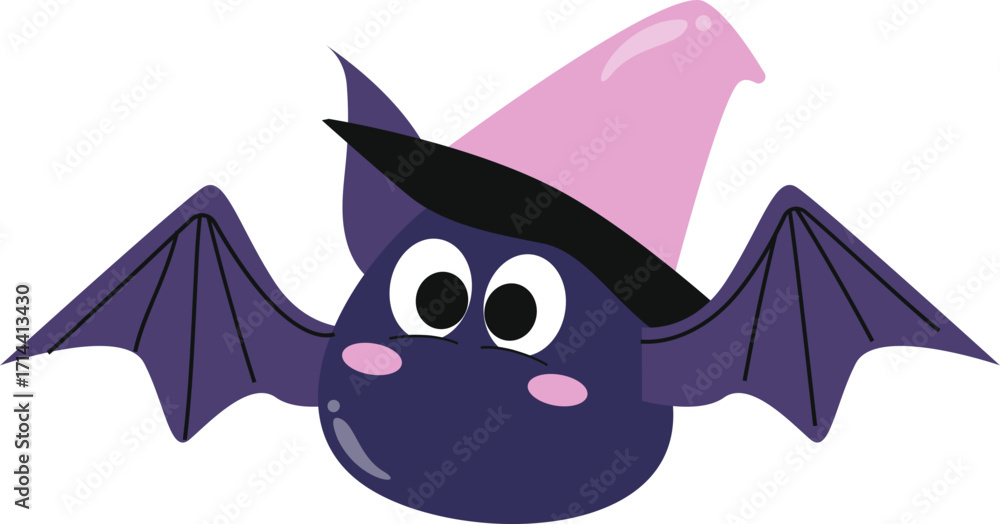 Fototapeta premium Cute Cartoon Bat Wearing Witch Hat