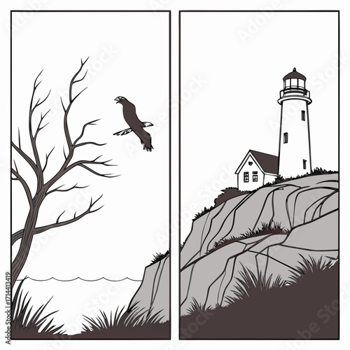 A split scene one side shows an eagle flying near a bare tree, the other shows a lighthouse and house on a rocky cliff overlooking the sea