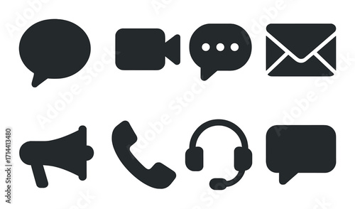 Communication silhouette icon set. featuring chat bubble, video, message, email, megaphone, phone, headset symbols
