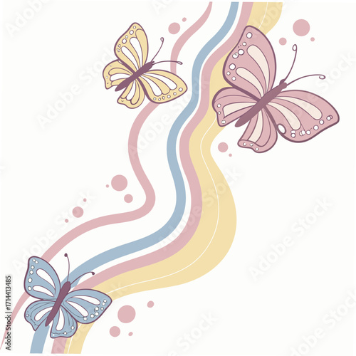 A whimsical illustration showcasing three colorful butterflies fluttering around pastelcolored wavy lines, ideal for springthemed designs or natureinspired projects
