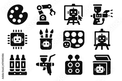 Robot canvas icon vector paint easel tray compartment robotic cartridges digital creative