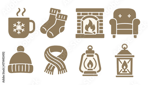 Winter comfort silhouette icon set. featuring hot drink, socks, fireplace, armchair, beanie, scarf, lantern, lamp