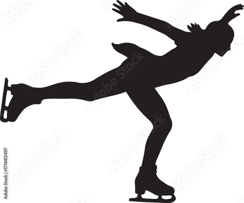  Black silhouette of figure skater spinning, white background, minimal style