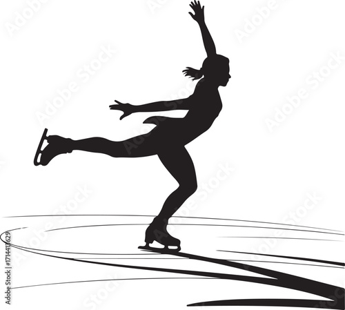  Black silhouette of figure skater spinning, white background, minimal style