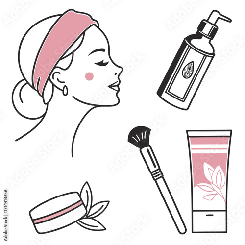 Elegant line art illustration of a woman with a pink headband and blush surrounded by skincare products and a makeup brush representing beauty and self care routines