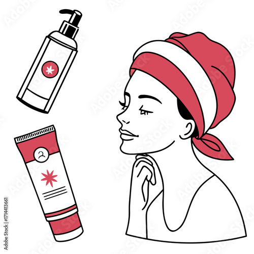 A woman wearing a pink and white headscarf contemplates skincare products including a pump bottle and a tube of cream