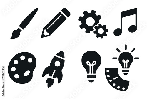 Creative tools silhouette icon set. featuring pencil, brush, palette, rocket, gears, light bulb, music note.