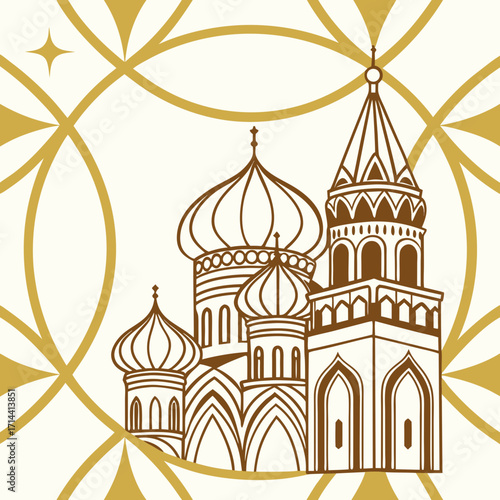 Stylized illustration of saint basil s cathedral in moscow with iconic onion domes and ornate architectural details set against a cream background with a golden geometric pattern and a single star