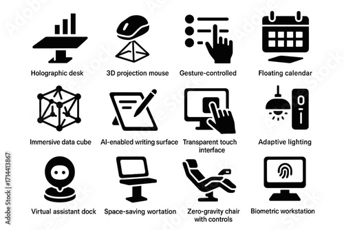 Controls vector icons assistant writing workstation task cube projection office futuristic icon