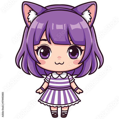Kawaii anime girl with cat ears in purple dress vector illustration