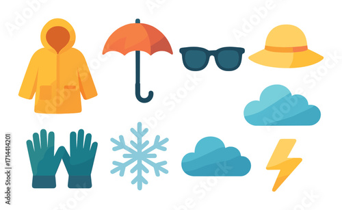 Weather and clothing flat icon set. featuring raincoat, umbrella, sunglasses, hat, gloves, snowflake, cloud, storm