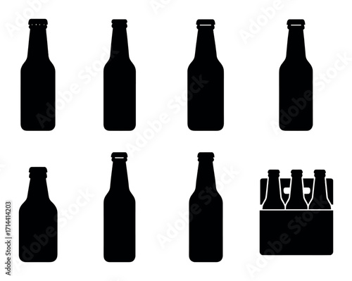 Beer bottle silhouette icons set. featuring six-pack, closed, and open bottle symbols