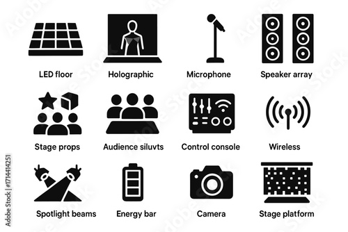 Stage led icon silhouettes vector floor audience spotlight holographic immersive curtain icons