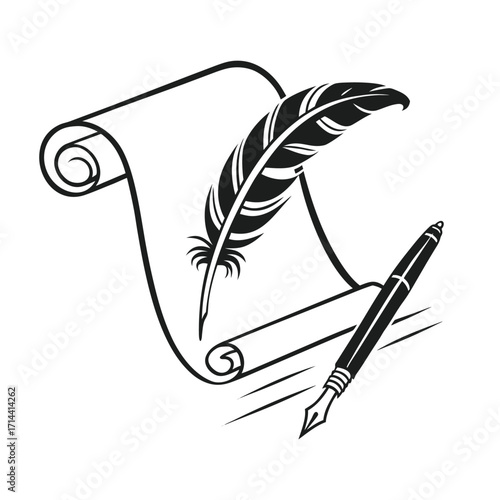 Classic Quill Pen and Scroll Vector Illustration - Timeless Writing Instrument for Artistic and Historical Documentation