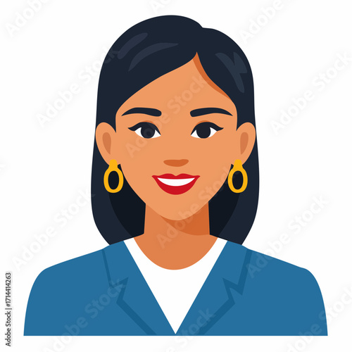Professional portrait illustration of a smiling woman wearing a blue blazer and gold hoop earrings, representing business and success