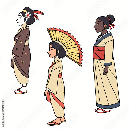 Diverse group of women in traditional japanese kimonos and hairstyles with a decorative fan representing cultural heritage and fashion