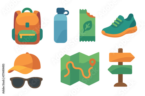 Outdoor adventure flat icon set. featuring backpack, water bottle, snack bar, sneakers, cap, sunglasses, map, signpost