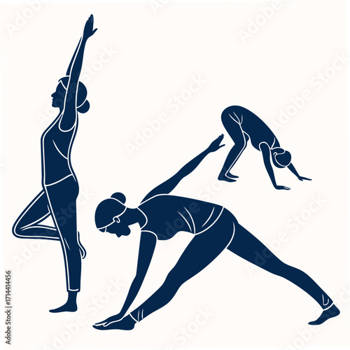 Yoga poses tree pose, triangle pose, and downwardfacing dog pose, vector illustration of woman doing yoga for health and wellness