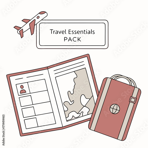 Collection of travel essentials including an airplane passport map and suitcase representing the concept of packing for a trip