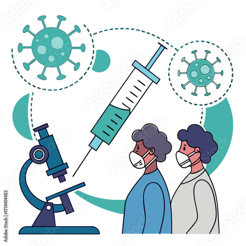 Illustration of a doctor and nurse wearing masks, a microscope, a syringe, and virus cells, , depicting the fight against the virus