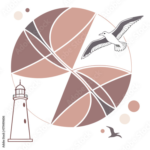 Coastal design with lighthouse and seagull, a nautical themed illustration featuring abstract shapes and a serene color palette