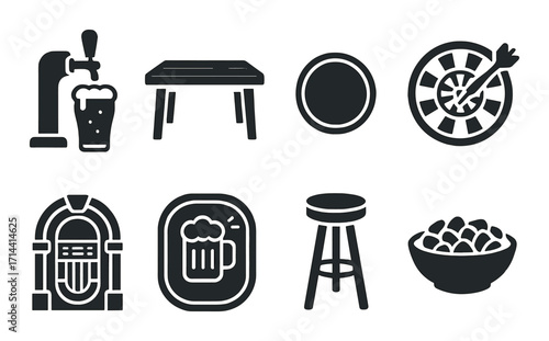 Bar and pub silhouette icon set. featuring beer tap, table, dart board, jukebox, bar stool, and snack bowl