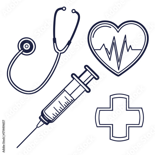 A collection of medical icons including a stethoscope syringe heartbeat within a heart shape and a medical cross on a white background