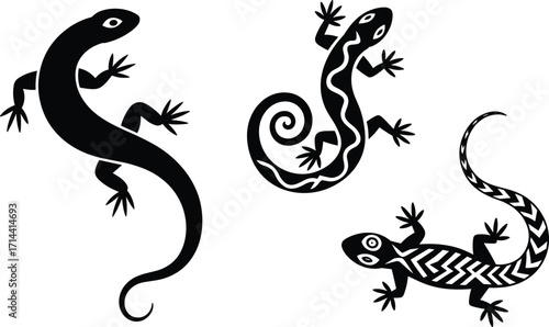 
A captivating set of three artistic lizard silhouettes with tribal and decorative patterns, representing nature, unique reptile designs, and stylized animal illustrations for various projects.