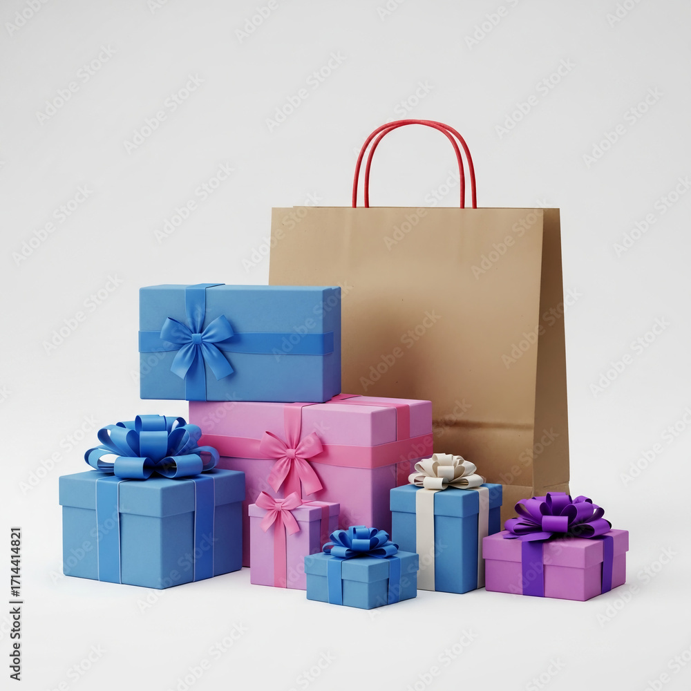 Obraz premium Elegant Wrapped Presents with Shopping Bag on White Background
