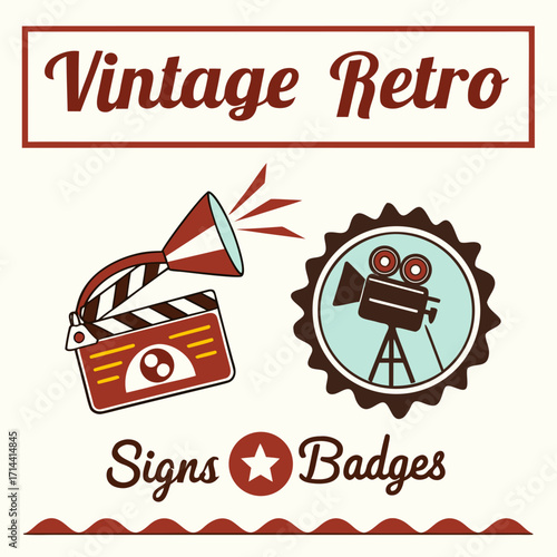 Vintage retro movie clapperboard and old film camera icons with wavy border and text signs badges