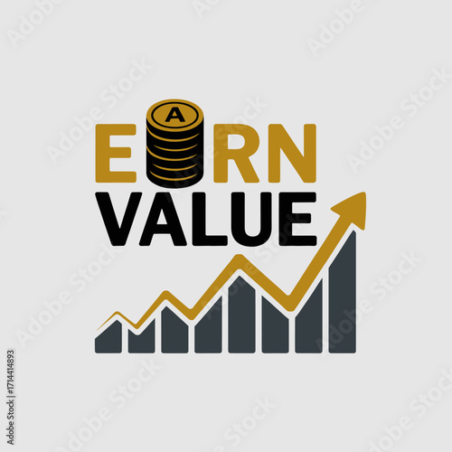 Conceptual graphic design representing financial growth and value earned with upward trend arrow and coin stack symbolizing prosperity and investment vector