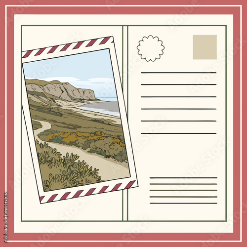 A vintage postcard illustration showcasing a scenic coastal landscape with cliffs, a winding path, and lush vegetation, evoking a sense of nostalgia and wanderlust
