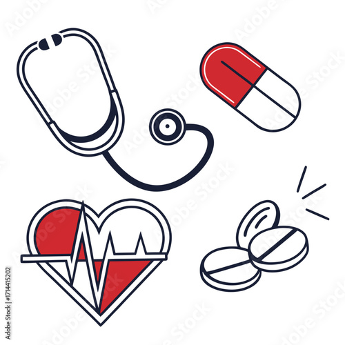 A collection of medical icons including a stethoscope a heart with a cardiogram a capsule and pills representing healthcare and wellness