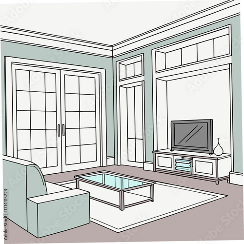 Modern living room interior with large glass french doors a comfortable sofa coffee table and entertainment center with television and decorative vase