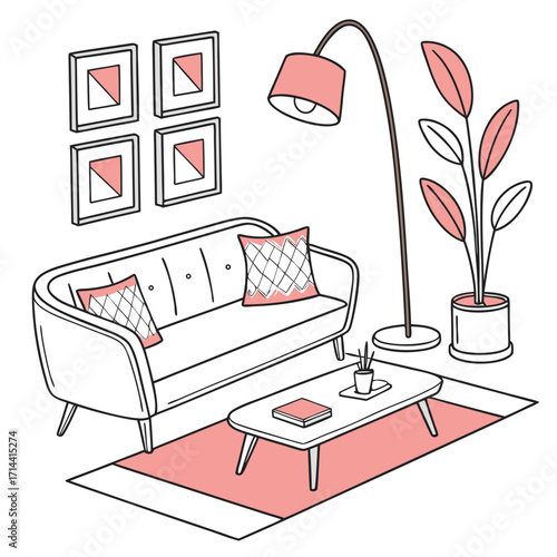 Cozy living room scene with modern sofa floor lamp potted plant coffee table and wall art