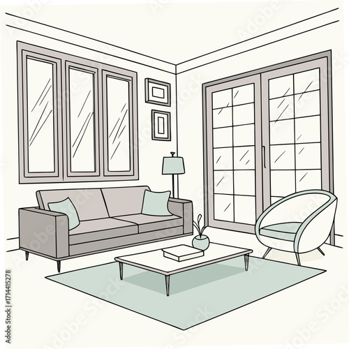 Cozy modern living room interior with a comfortable gray sofa a stylish armchair a coffee table and large windows inviting and bright